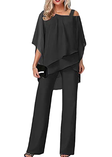 Tomwell Damen Tüll Abendanzug Set - Zweiteiler Chiffon Shirt und Hohe Taille Hosenanzug - Elegant 2-Teiliges Outfit für Cocktail Party - Festlich A Schwarz XXL von Tomwell