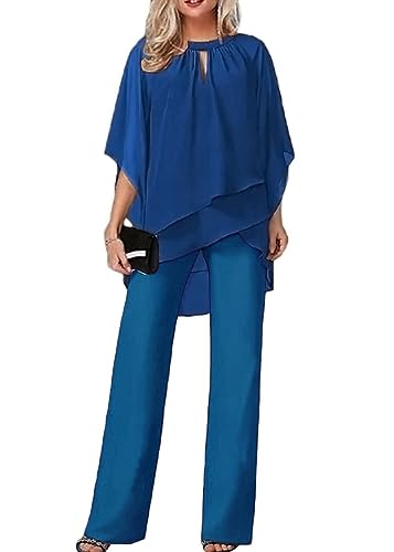 Tomwell Damen Tüll Abendanzug Set - Zweiteiler Chiffon Shirt Und Hohe Taille Hosenanzug - Elegant 2-Teiliges Outfit für Cocktail Party - A Blau M von Tomwell
