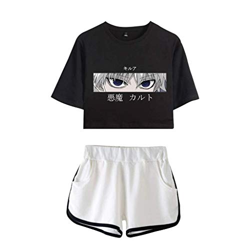 Tomwell Hunter X Hunter T-Shirt ＋ Hosen Sets Damen Killua Eyes Hisoka Shirt Und Shorts Anime 3D Druck Sommer Tops Anzug Bauchfrei Oberteile Kurze Tank Top Kurzarm Blusen A Schwarz Weiß L von Tomwell