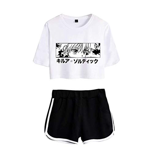 Tomwell Hunter X Hunter T-Shirt ＋ Hosen Sets Damen Killua Eyes Hisoka Shirt Und Shorts Anime 3D Druck Sommer Tops Anzug Bauchfrei Oberteile Kurze Tank Top Kurzarm Blusen B Weiß Schwarz M von Tomwell