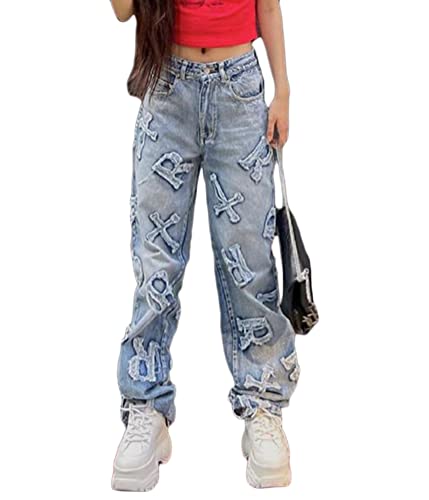 Tomwell Jeans Baggy Damen Y2K Jeanshosen High Waist Jeans Hose Locker Lang Weites Bein Hose Boyfriend Denim Straight Pants C Blau L von Tomwell