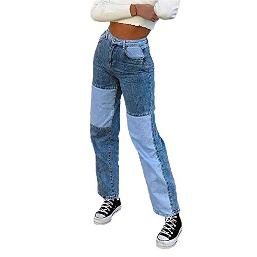 Tomwell Jeans Damen Streetwear Frauen Bodycon Jeans Mode Patchwork Pants Jeans Denim Hose Gerade Hose Mit Hoher Taille B Blau XL von Tomwell