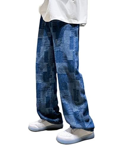 Tomwell Jeans Herren Patchwork Baggy Hip Hop Jeanshose Casual Straight Leg Denim Hosen Vintage Farbblock Weitem Bein Pants Streetwear 5 Blau 3XL von Tomwell