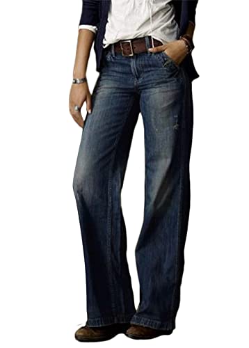 Tomwell Jeanshose Damen Elegant Stretch Skinny Schlaghose Flared Hose Casual Hohe Taille Jeans Mode Hose Weites Bein Retro Stil Destroyed Denim Pants A Dunkelblau XL von Tomwell