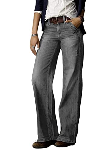 Tomwell Jeanshose Damen Elegant Stretch Skinny Schlaghose Flared Hose Casual Hohe Taille Jeans Mode Hose Weites Bein Retro Stil Destroyed Denim Pants A Grau M von Tomwell