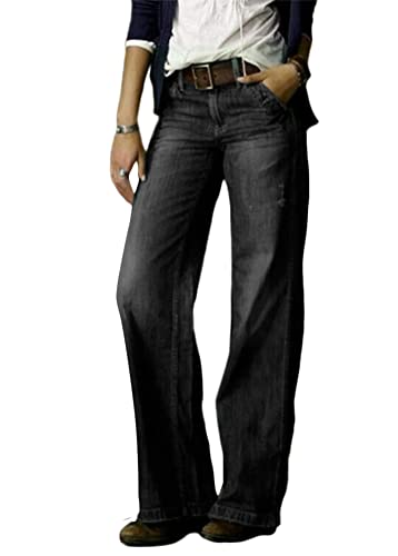 Tomwell Jeanshose Damen Elegant Stretch Skinny Schlaghose Flared Hose Casual Hohe Taille Jeans Mode Hose Weites Bein Retro Stil Destroyed Denim Pants A Schwarz M von Tomwell