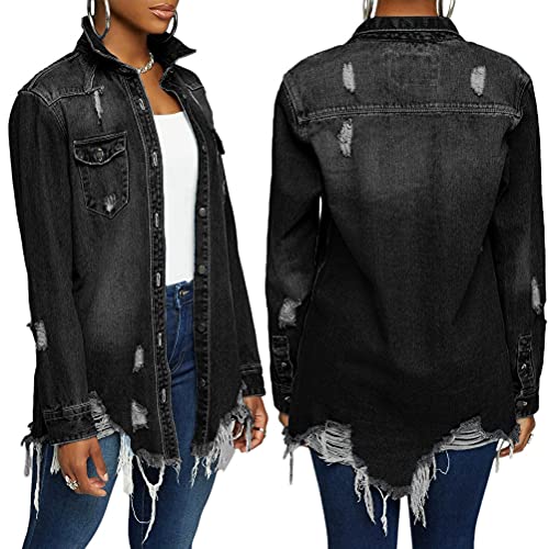 Tomwell Jeansjacke Damen Langarm Boyfriend Oversize Übergangsjacke Jacke Denim Casual Jeansjacke Kurze G Schwarz 3XL von Tomwell