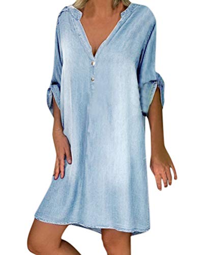 Tomwell Jeanskleid Damen Sommerkleid V-Ausschnitt Strandkleider Einfarbig A-Linie Kleid Blusenkleid Hemdkleid Kurzarm Swing Kleid Boho Knielang Kleid C Hellblau XXL von Tomwell