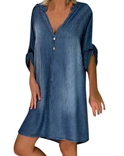 Tomwell Jeanskleid Damen Sommerkleid V-Ausschnitt Strandkleider Einfarbig A-Linie Kleid Blusenkleid Hemdkleid Kurzarm Swing Kleid Boho Knielang Kleid C Marine XXL von Tomwell