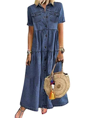 Tomwell Jeanskleid Sommerkleid Damen Jeans Kleider Strandkleider Einfarbig A-Linie Kleid Boho Knielang Kleid Denimkleid 1 Hellblau 3XL von Tomwell