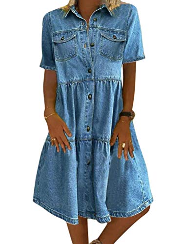 Tomwell Jeanskleid Sommerkleid Damen Jeans Kleider Strandkleider Einfarbig A-Linie Kleid Boho Knielang Kleid Denimkleid 4 Hellblau L von Tomwell