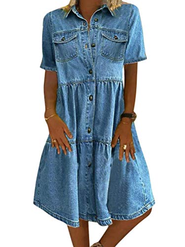 Tomwell Jeanskleid Sommerkleid Damen Jeans Kleider Strandkleider Einfarbig A-Linie Kleid Boho Knielang Kleid Denimkleid 4 Hellblau XXL Tomwell Jeanskleid Sommerkleid Damen Jeans Kleider Strandkleider Einfarbig A-Linie Kleid Boho Knielang Kleid Denimkleid 4 Hellblau XXL von Tomwell