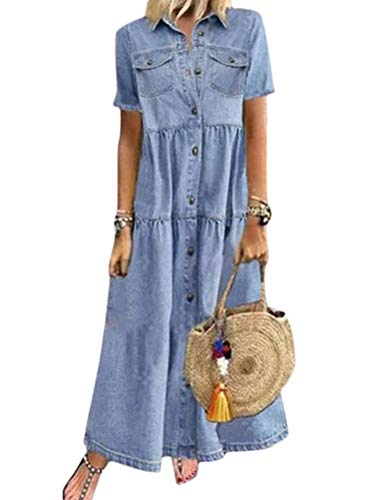 Tomwell Jeanskleid Sommerkleid Damen Jeans Kleider V-Ausschnitt Kurzarm Strandkleider Einfarbig A-Linie Kleid Boho Knielang Kleid Denimkleid (M, B Blau) von Tomwell