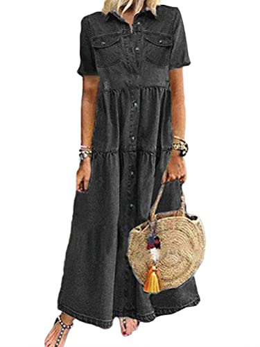 Tomwell Jeanskleid Sommerkleid Damen Jeans Kleider V-Ausschnitt Kurzarm Strandkleider Einfarbig A-Linie Kleid Boho Knielang Kleid Denimkleid (XL, B Schwarz, x_l) von Tomwell