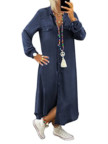 Tomwell Jeanskleid Sommerkleid Damen Jeans Kleider V-Ausschnitt Kurzarm Strandkleider Einfarbig A-Linie Kleid Boho Knielang Kleid Denimkleid G Dunkelblau M von Tomwell