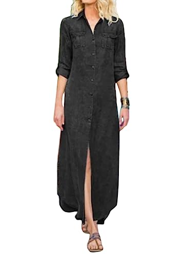 Tomwell Jeanskleid Sommerkleid Damen Jeans Kleider V-Ausschnitt Kurzarm Strandkleider Einfarbig A-Linie Kleid Boho Knielang Kleid Denimkleid K Schwarz XL von Tomwell
