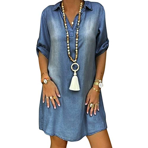 Tomwell Jeanskleid Sommerkleid Damen Jeans Kleider V-Ausschnitt Kurzarm Strandkleider Einfarbig A-Linie Kleid Boho Knielang Kleid Denimkleid Tunika Hemd Blusenkleid A Dunkelblau XXL von Tomwell