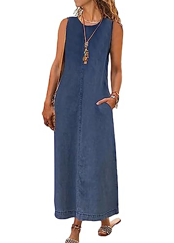 Tomwell Jeanskleid Sommerkleid Damen Jeans Kleider V-Ausschnitt Kurzarm Strandkleider Einfarbig A-Linie Kleid Boho Knielang Kleid Denimkleid Tunika Hemd Blusenkleid J Dunkelblau XXL von Tomwell