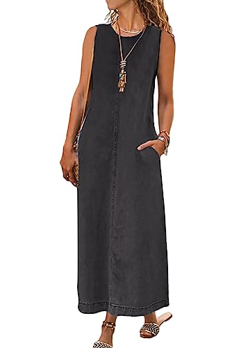 Tomwell Jeanskleid Sommerkleid Damen Jeans Kleider V-Ausschnitt Kurzarm Strandkleider Einfarbig A-Linie Kleid Boho Knielang Kleid Denimkleid Tunika Hemd Blusenkleid J Schwarz XL von Tomwell