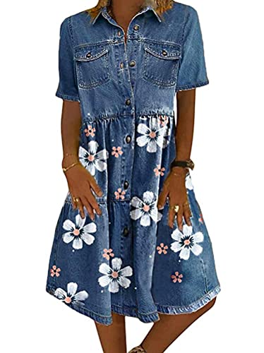 Tomwell Jeanskleid Sommerkleid Damen Jeans Kleider V-Ausschnitt Kurzarm Strandkleider Einfarbig A-Linie Kleid Boho Knielang Kleid Denimkleid Z Blau XS von Tomwell