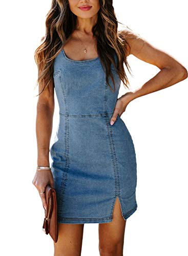 Tomwell Jeanskleider Damen Sommer Bandeau Denim Bodycon Minikleid Schlank Ärmellos V Ausschnitt Spaghetti Träger Kleider Rückenfreies Partykleid Cocktailkleid C Blau M von Tomwell