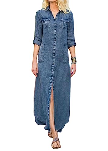 Tomwell Jeanskleider Damen Sommerkleid Jeans Kleider V-Ausschnitt Strandkleider Einfarbig A-Linie Kleid Blusenkleid Hemdkleid Knielang Kleid Denimkleid K Blau XL von Tomwell