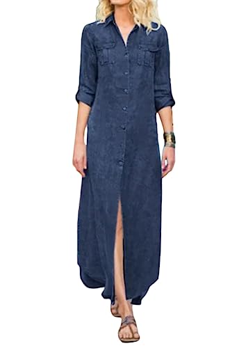 Tomwell Jeanskleider Damen Sommerkleid Jeans Kleider V-Ausschnitt Strandkleider Einfarbig A-Linie Kleid Blusenkleid Hemdkleid Knielang Kleid Denimkleid K Dunkelblau L von Tomwell