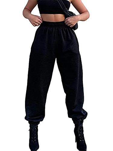 Tomwell Jogginghose Damen Sporthose Lang Trainingshose Loose Fit Hohe Taile Yoga Hosen Freizeithose Laufhosen Sweathose mit Taschen D Schwarz L von Tomwell