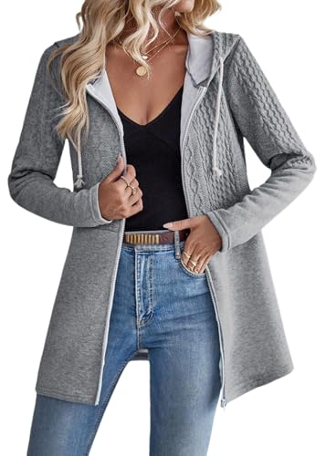 Tomwell Kapuzenjacke Damen Frühling und Herbst Sweatjacke Einfarbig Ripple Pocket Splicing Casual Lose Frauen Kordelzug Zipper Übergangsjacke Langarm Sportjacke A Grau M von Tomwell