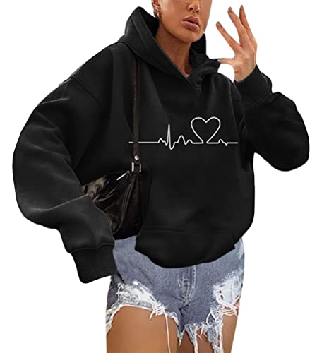 Tomwell Kapuzenpullover Für Damen Sweatshirt mit Kapuze Pullover Herbst Winter Lässig Hoodie Liebe Tierdruck Oberteil Tops Teenager Mädchen Pulli Sport Harajuku Streetwear A Schwarz XS von Tomwell