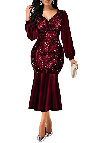 Tomwell Kleid Damen Langarm Sexy Maxi Partykleid Cocktailkleid Vintage Ballkleid Abendkleid Bodycon Bleistiftkleid Wickelkleider Club Kleider A Rot XL von Tomwell