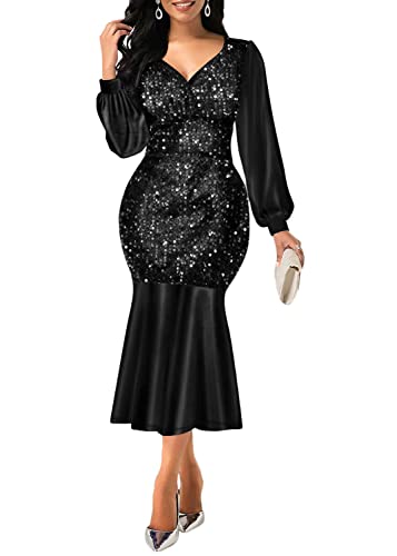 Tomwell Kleid Damen Langarm Sexy Maxi Partykleid Cocktailkleid Vintage Ballkleid Abendkleid Bodycon Bleistiftkleid Wickelkleider Club Kleider A Schwarz M von Tomwell