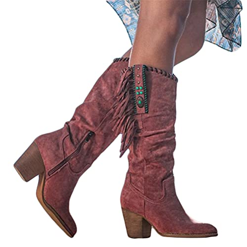 Tomwell Kniehohe Stiefel für Damen Slouchy Spitze Zehe Seitlicher Reißverschluss Stiefel mit Mittlerem Chunky Heel Retro Fransen Stiefel Dicke Hochhackige Winterstiefel Rot 39 EU von Tomwell