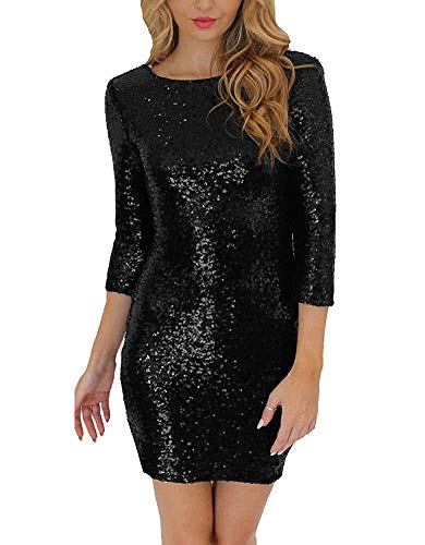 Tomwell Kurze Abendkleider Damen Paillettenkleid Langarm Rundhals Backless Sexy Partykleid Ballkleid Abend Minikleid A Schwarz 34 von Tomwell