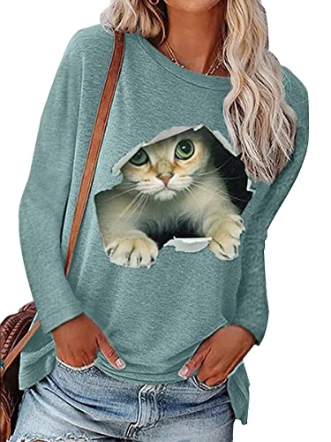 Tomwell Langarmshirt Damen Sweatshirt Katze Schmetterling Drucken Lose Langarmshirt Rundhals Langarm Shirts Herbst Winter Pulli Tops Freizeit Oberteile Hoodie 01 Grau M von Tomwell