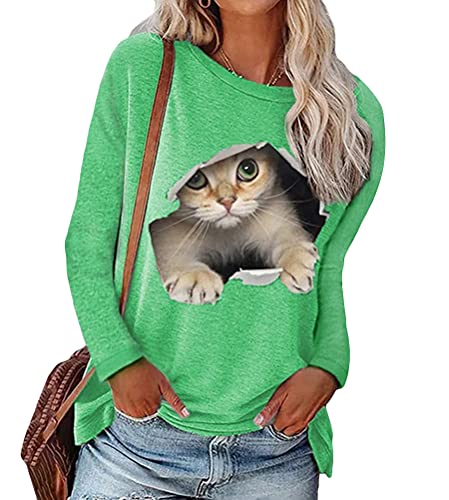 Tomwell Langarmshirt Damen Sweatshirt Katze Schmetterling Drucken Lose Langarmshirt Rundhals Langarm Shirts Herbst Winter Pulli Tops Freizeit Oberteile Hoodie 01 Grün M von Tomwell