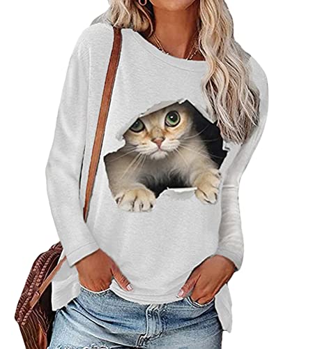 Tomwell Langarmshirt Damen Sweatshirt Katze Schmetterling Drucken Lose Langarmshirt Rundhals Langarm Shirts Herbst Winter Pulli Tops Freizeit Oberteile Hoodie 01 Weiß XL von Tomwell