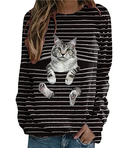 Tomwell Langarmshirt Damen Sweatshirt Katze Schmetterling Drucken Lose Langarmshirt Rundhals Langarm Shirts Herbst Winter Pulli Tops Freizeit Oberteile Hoodie Z Schwarz1 XL von Tomwell