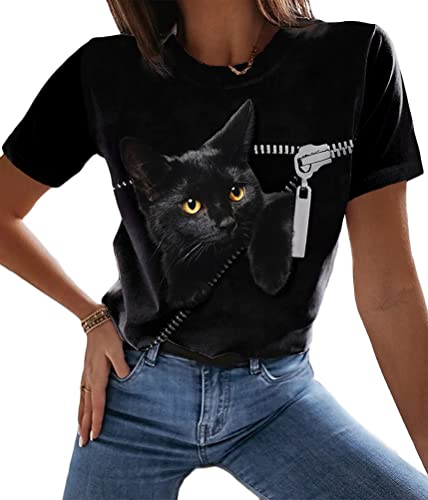 Tomwell Langarmshirt Damen Sweatshirt Mode Casual V-Ausschnitt Tops Frauen Katze Bedruckte Pullover Lose Oberteile Bluse Basic T-Shirt Schwarz XXL von Tomwell