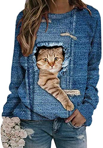 Tomwell Langarmshirt Damen Sweatshirt Winter Tshirt Langarm Top Cartoon 3D Druck Katzen-Muster Langarmshirt Weihnachten Pulli Freizeit Bluse Herbst Shirts Hemd Rundhals Pullover (S, E Blau) von Tomwell