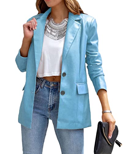 Tomwell Lederjacke Damen Langarm Pu-Strickjacke Oberteil Retro Einfarbig Casual Revers Knöpfen Kleiner Blazer Aus Leder Herbst Winter Streetwear A Blau XXL von Tomwell