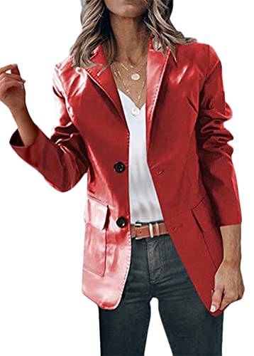 Tomwell Lederjacke Damen Langarm Pu-Strickjacke Oberteil Retro Einfarbig Casual Revers Knöpfen Kleiner Blazer Aus Leder Herbst Winter Streetwear C Rot XXL von Tomwell