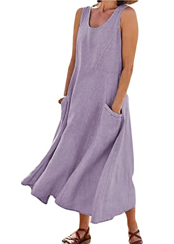 Tomwell Leinenkleid Damen Sommer Rundhals Langarm Kleid Strandkleid Einfarbig Locker Langes Kleid mit Taschen Vintage Leinen Maxikleid Freizeitkleid C Violett 3XL von Tomwell