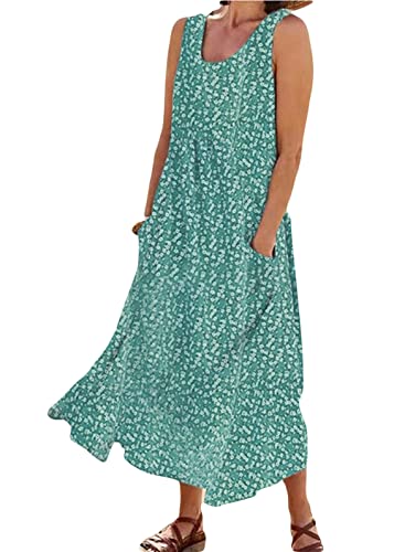 Tomwell Leinenkleid Damen Sommer Rundhals Langarm Kleid Strandkleid Einfarbig Locker Langes Kleid mit Taschen Vintage Leinen Maxikleid Freizeitkleid D Grün 3XL von Tomwell