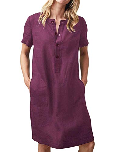 Tomwell Leinenkleid Damen Sommerkleid Leinen Kleider V-Ausschnitt Kurzarm Strandkleider Einfarbig A-Linie Kleid mit Tasche A Weinrot 46 von Tomwell