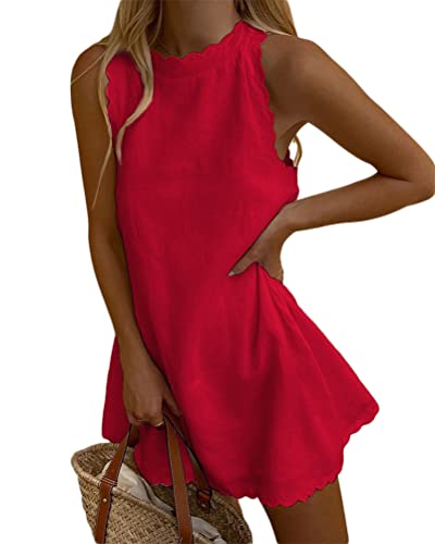 Tomwell Leinenkleid Damen Sommerkleid Leinen Kleider V-Ausschnitt Kurzarm Strandkleider Einfarbig A-Linie Kleid mit Tasche B Rot 36 von Tomwell
