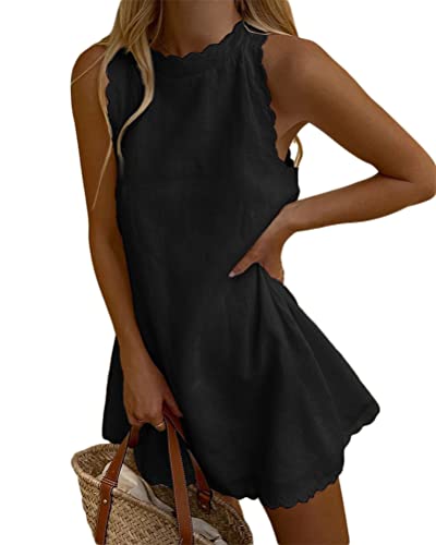 Tomwell Leinenkleid Damen Sommerkleid Leinen Kleider V-Ausschnitt Kurzarm Strandkleider Einfarbig A-Linie Kleid mit Tasche B Schwarz 42 von Tomwell
