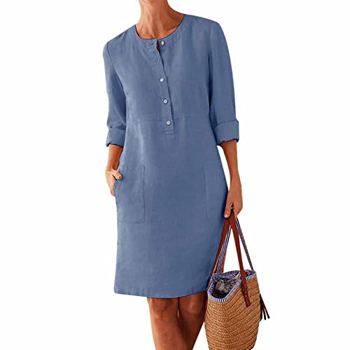 Tomwell Leinenkleid Damen Sommerkleid Leinen Kleider V-Ausschnitt Kurzarm Strandkleider Einfarbig A-Linie Kleid mit Tasche C Blau 40 von Tomwell