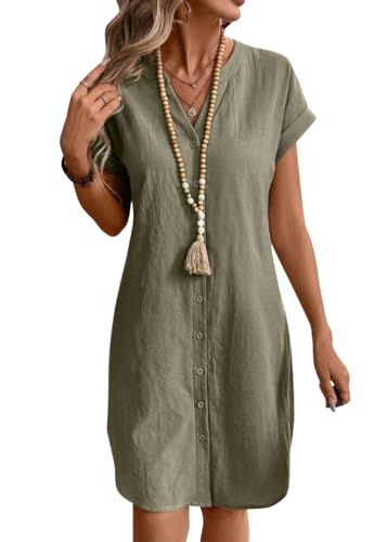 Tomwell Leinenkleid Damen V-Ausschnitt Kurzarm Sommerkleid Einfarbig Locker Shirtkleid Sommer Midikleid mit Knopfleiste A Armeegrün L von Tomwell
