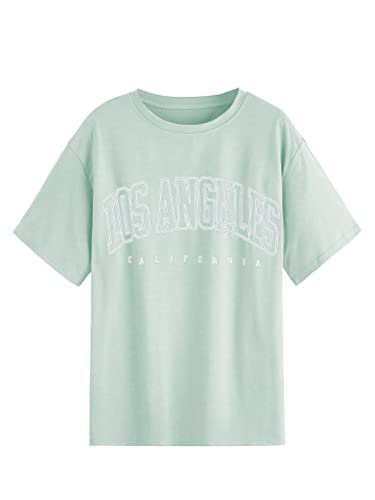 Tomwell Los Angeles T-Shirt Damen Kurzarm Sport Sommer Oberteile Oversize Tshirt Longshirt Lose Rundhals Drucken Bluse Teenager Mädchen Lang Tops Breite Schulter T-Shirt A Grün XS von Tomwell